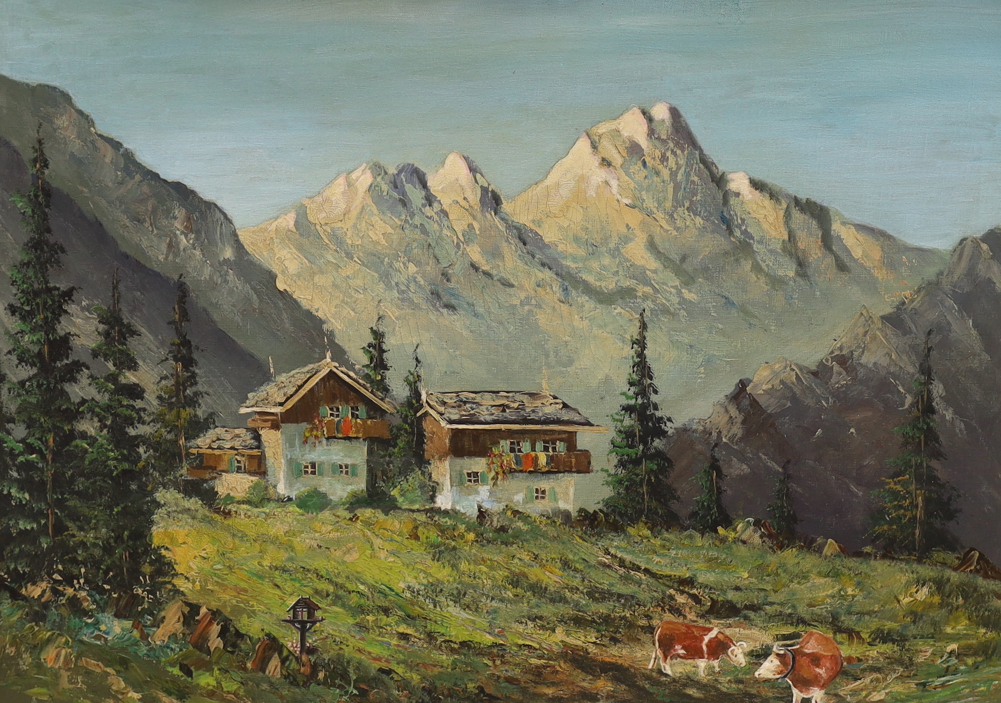 English School, oil on canvas, Alpine landscape with chalets, 52 x 70cm